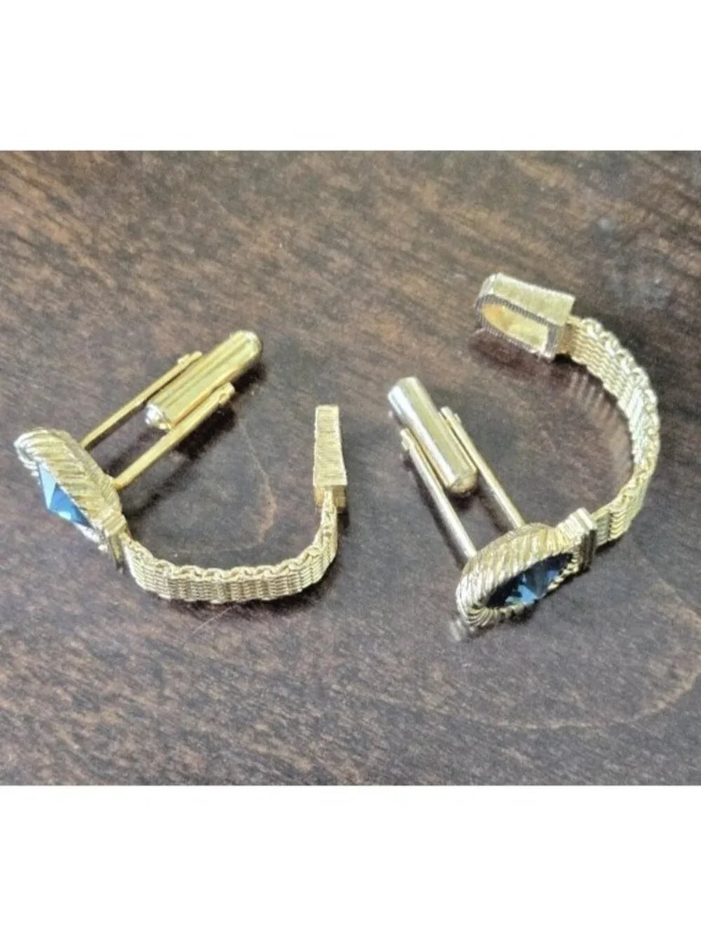 Vintage Swank Blue Rivoli Crystal Gold Tone Mesh Wrap Around Cufflinks MCM 1960s